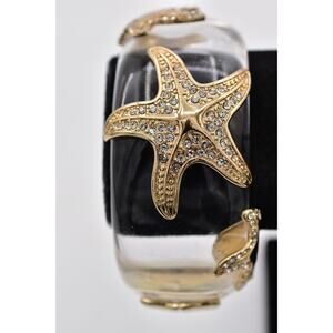 Vintage Clear Lucite Hinged Bangle Bracelet Gold Starfish Mermaid Chunky Bin2